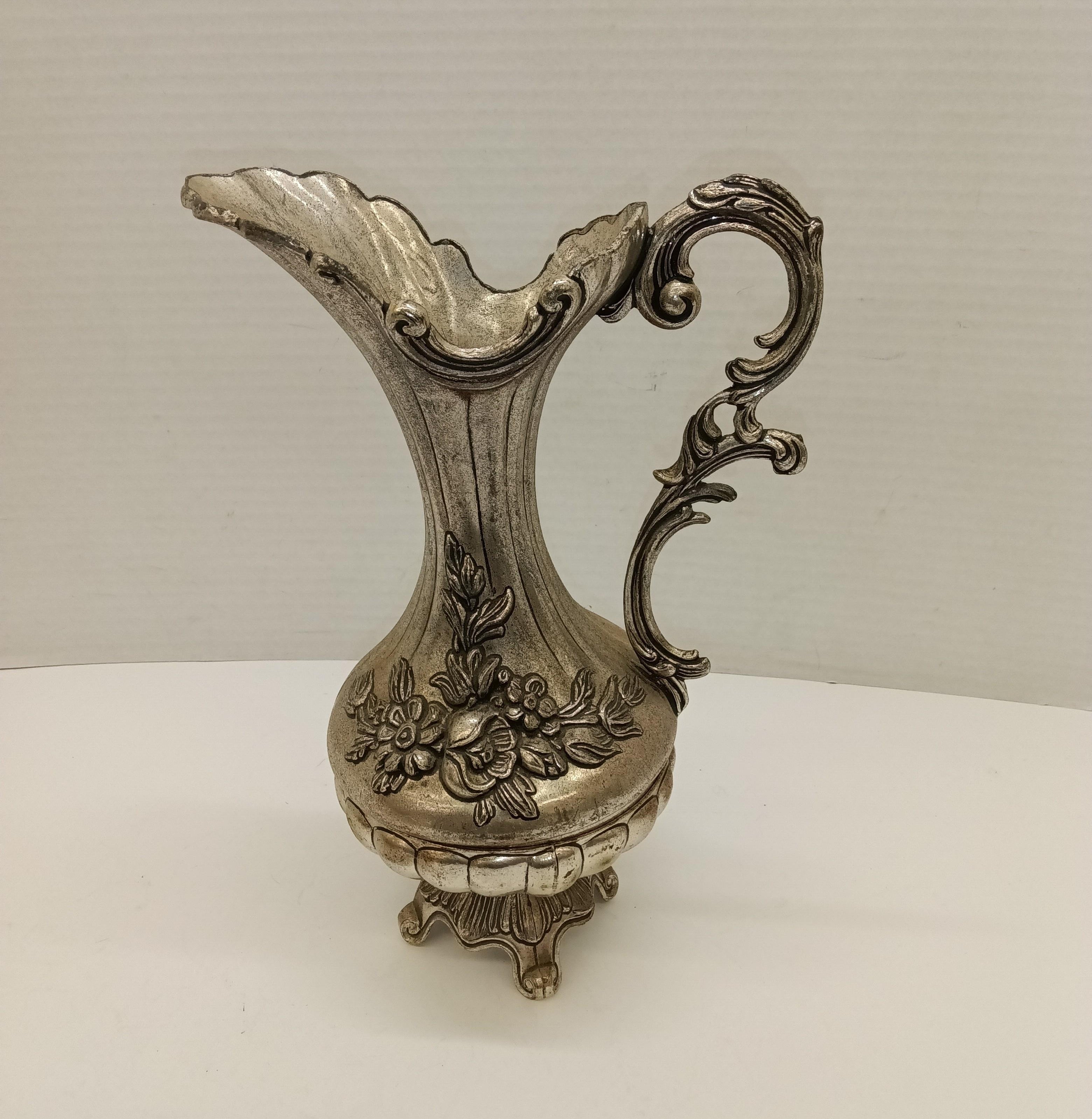 Silver-Tone Ornate Decorative Pitcher with Floral Design - Missing glass insert