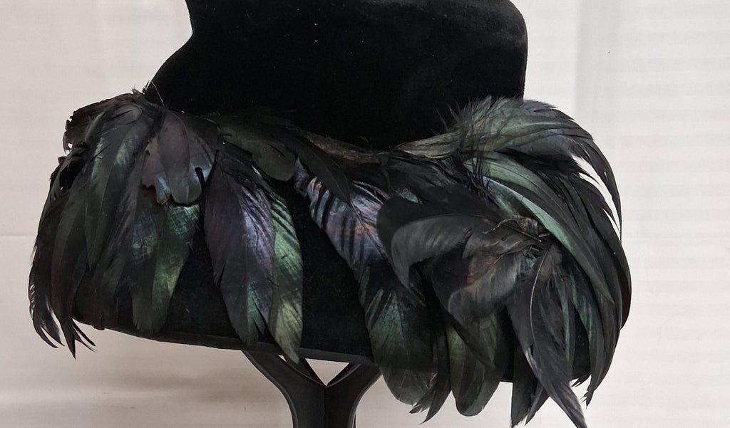 Vintage Jan Leslie Custom Design Black Velvet Hat with Feather Trim