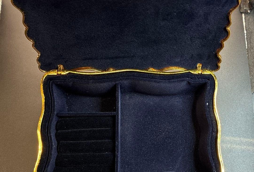 Ornate Blue & Gold Baroque Jewelry Box with Velvet Interior