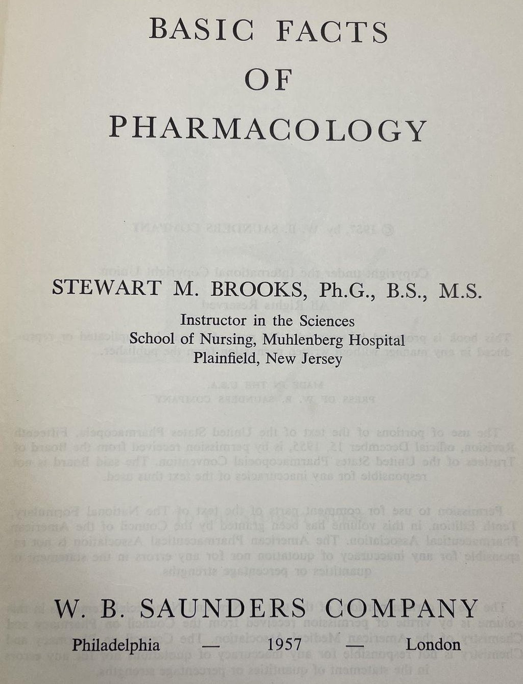 Basic Facts of Pharmacology by Stewart M. Brooks (circa 1957 Hardcover)