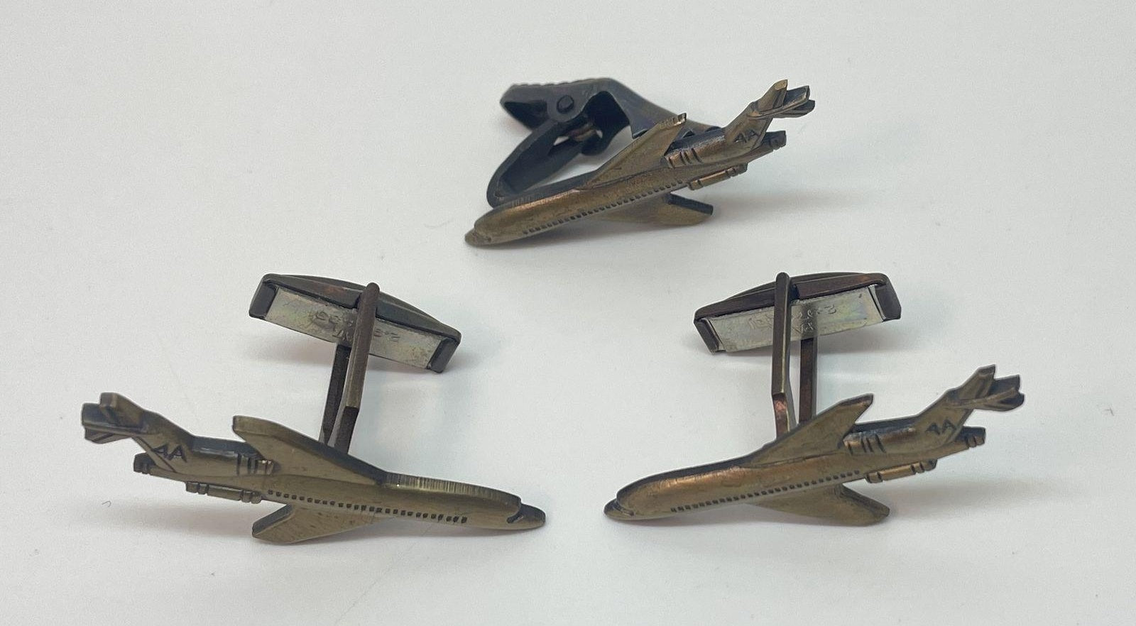 Bronze Tone Airplane Cufflinks and Tie Clip Set 13.5g