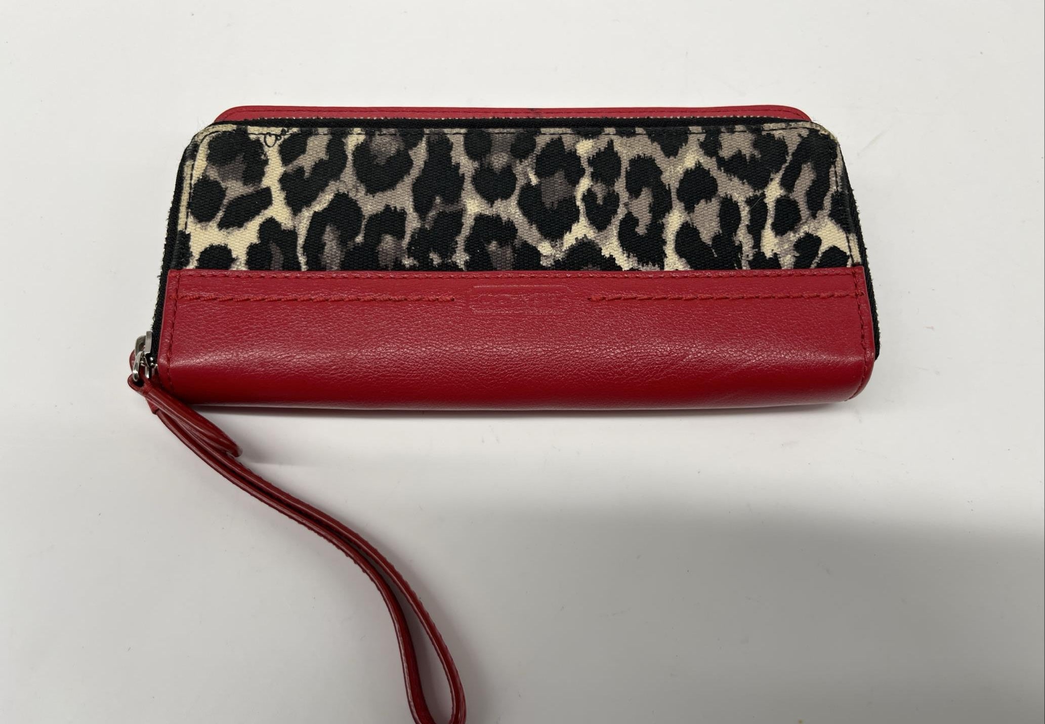 Coach Red Leather and Leopard Print Wristlet Wallet
