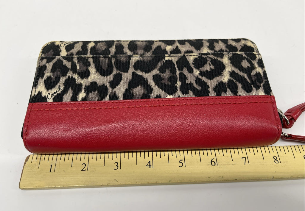 Coach Red Leather and Leopard Print Wristlet Wallet