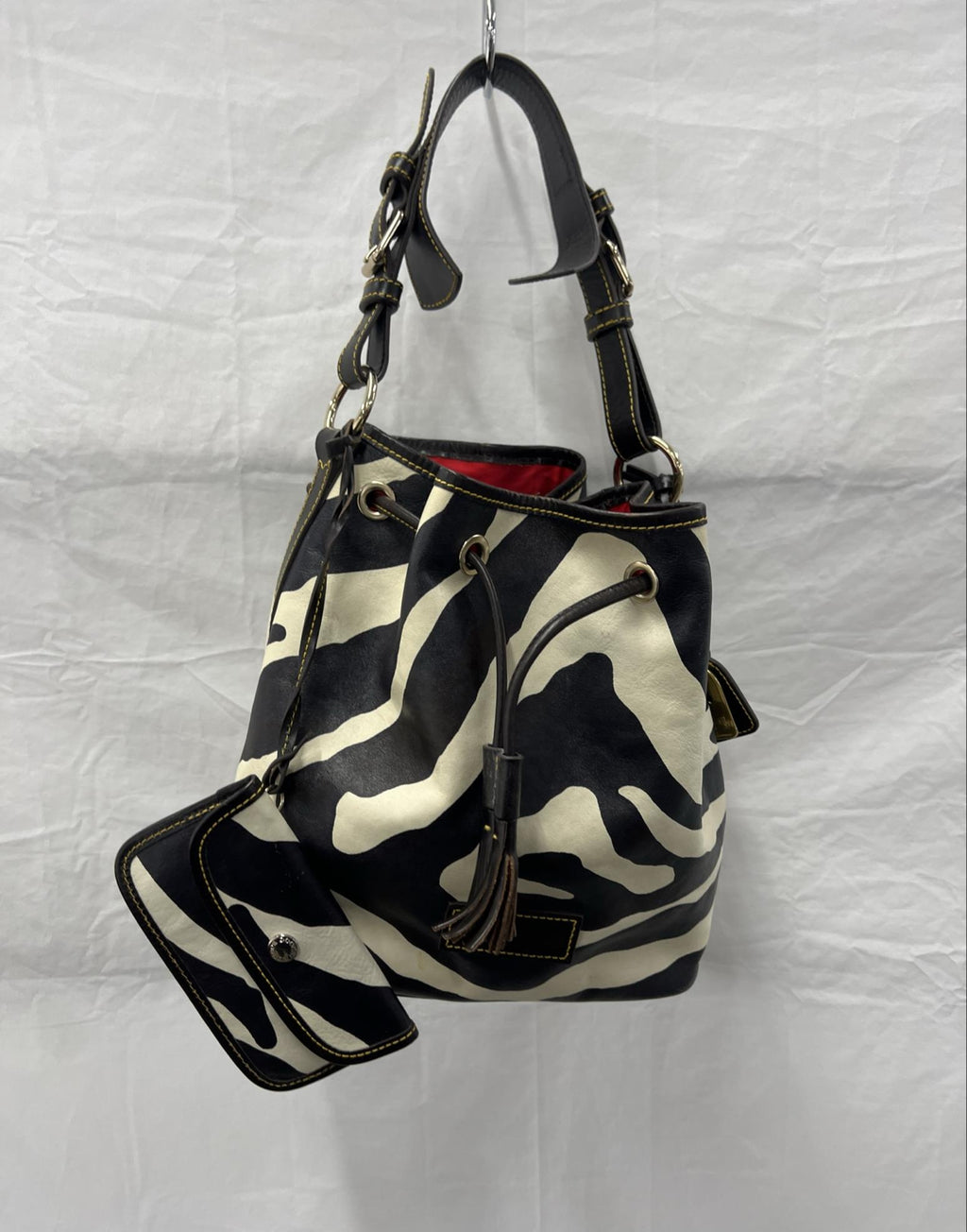Dooney & Bourke Zebra Print Bucket Bag with Red Interior, Animal Print Shoulder Hobo Purse