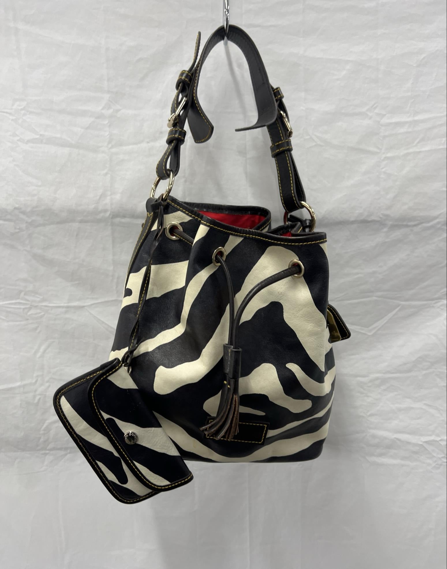 Dooney & Bourke Zebra Print Bucket Bag with Red Interior, Animal Print Shoulder Hobo Purse