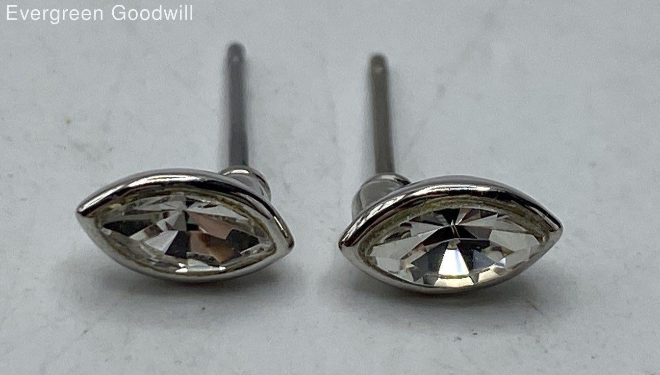 Givenchy White Marquise Rhinestone Silver Tone Stud Earrings