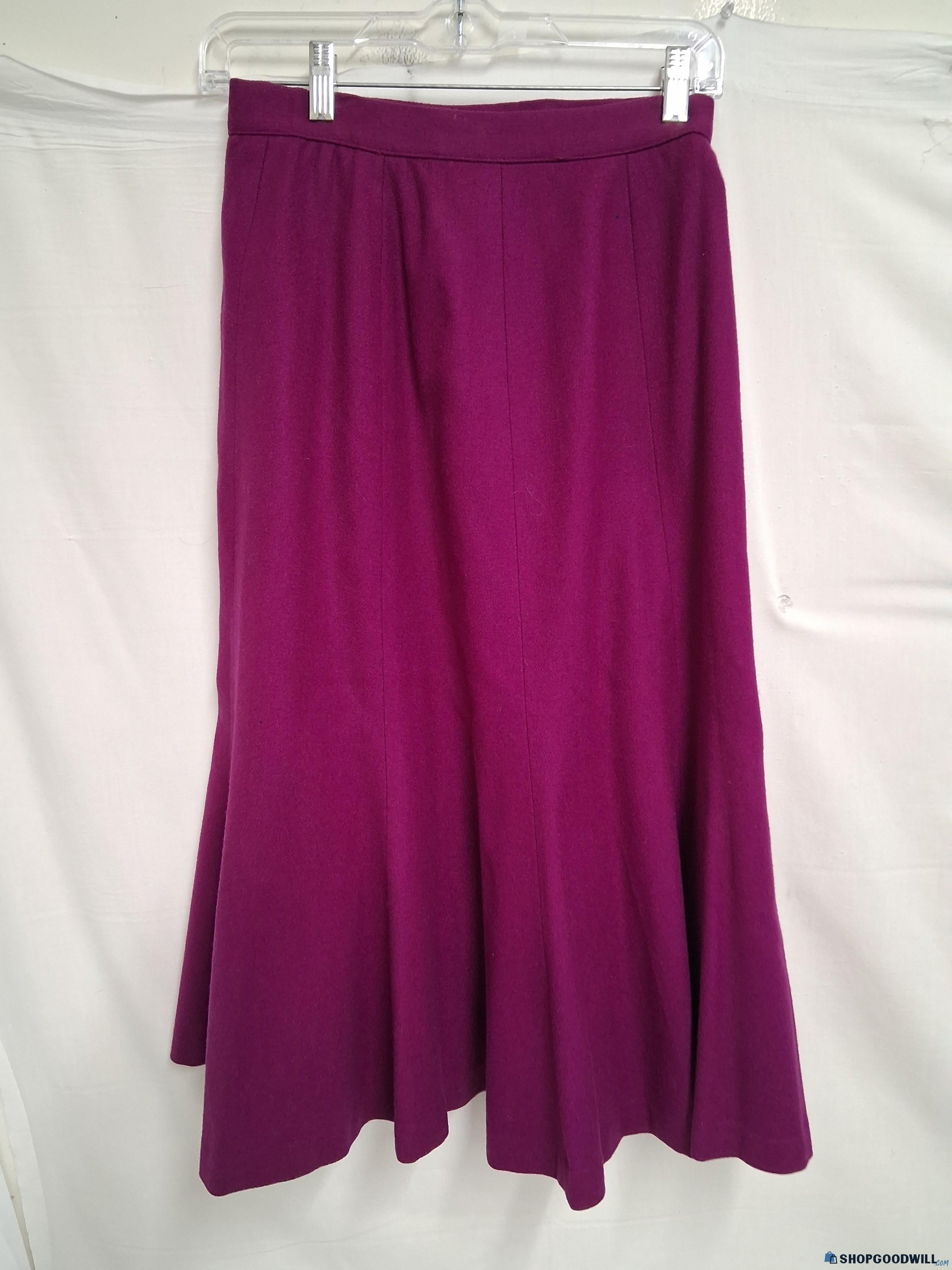 Women's Purple Magenta Pleated A-Line Wool Skirt with Side Button Closure