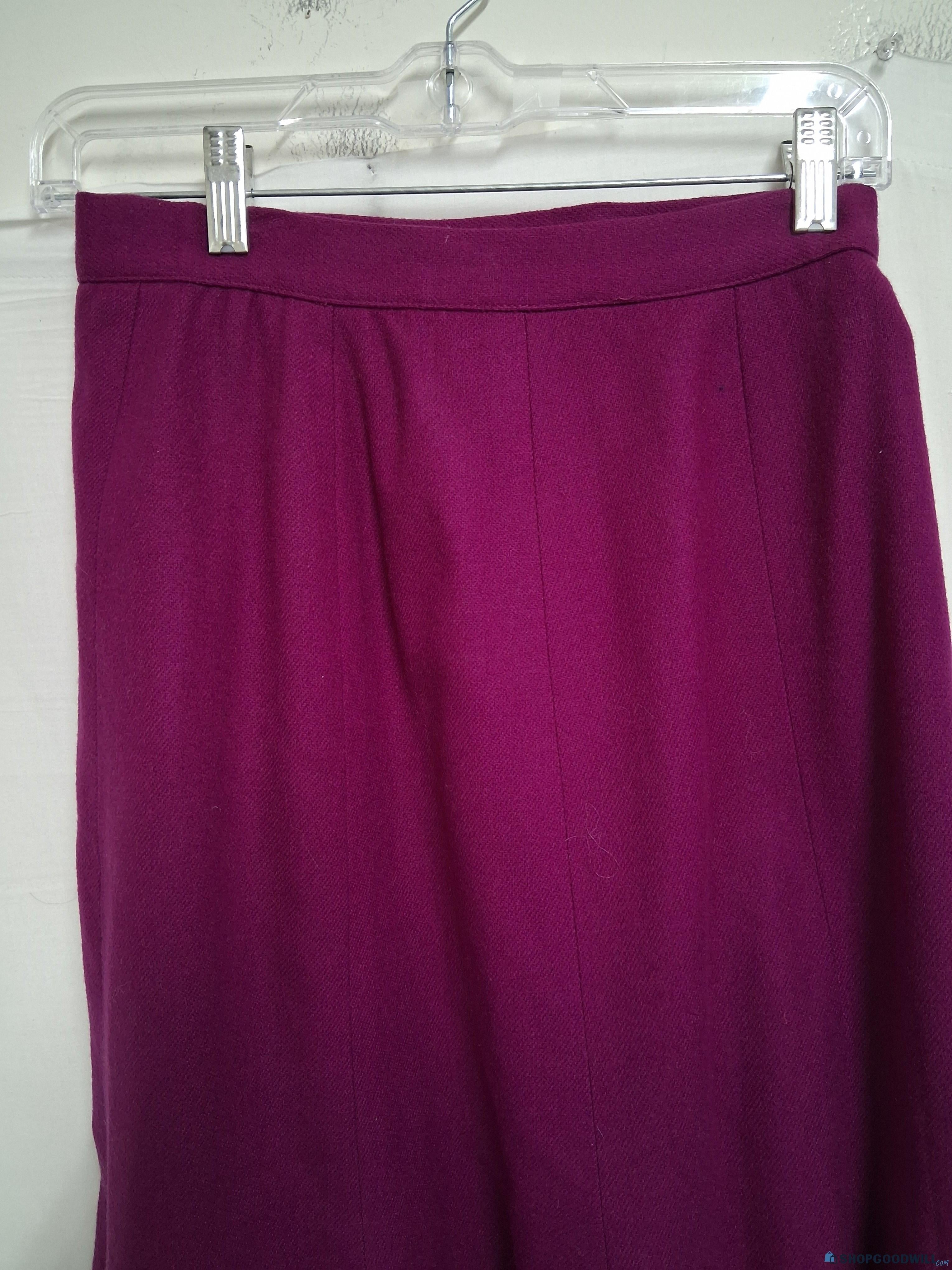 Women's Purple Magenta Pleated A-Line Wool Skirt with Side Button Closure