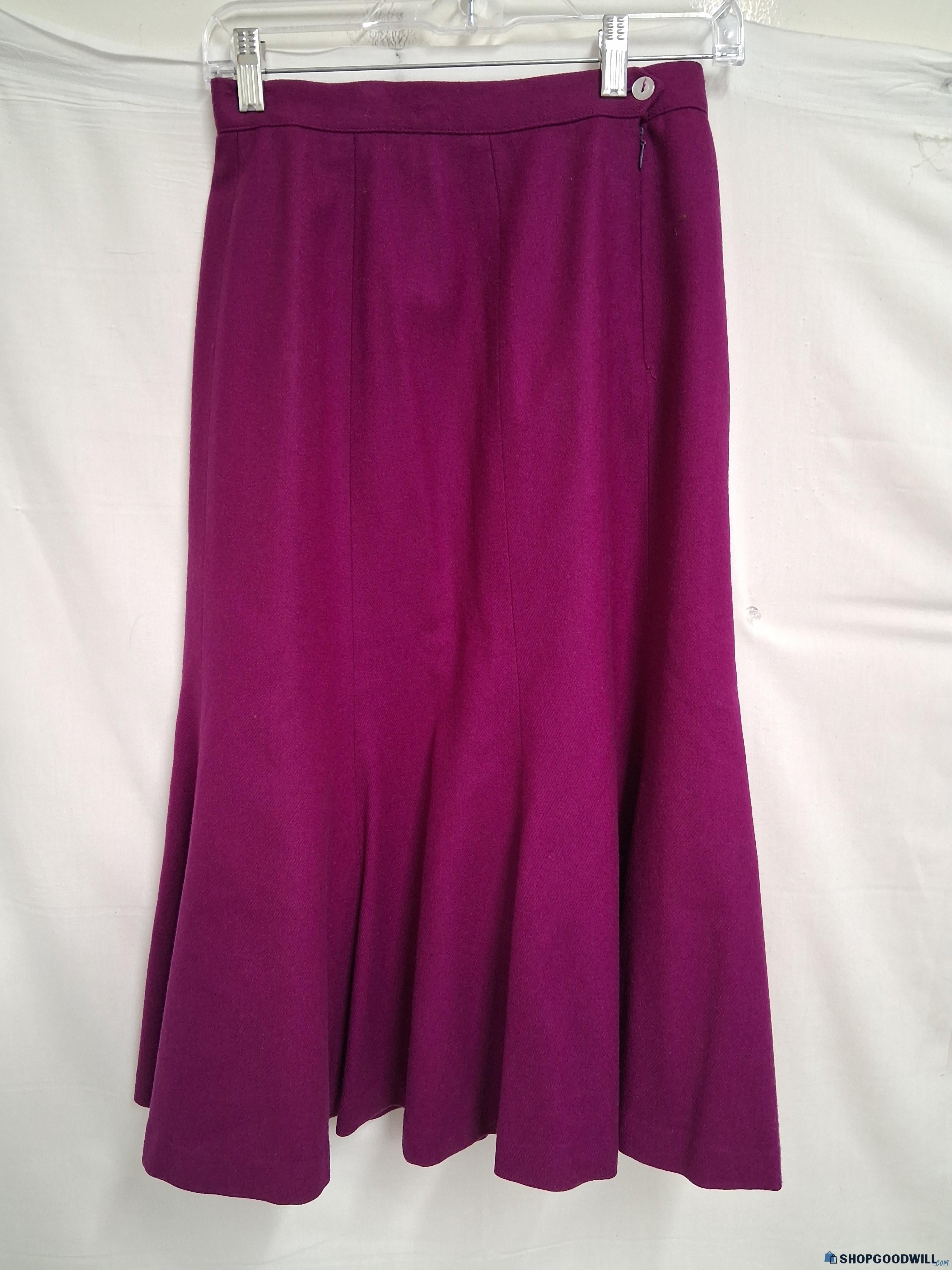 Women's Purple Magenta Pleated A-Line Wool Skirt with Side Button Closure