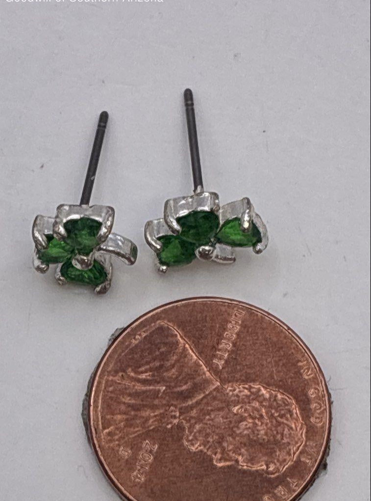Silver Tone Green CZ Clover Earrings