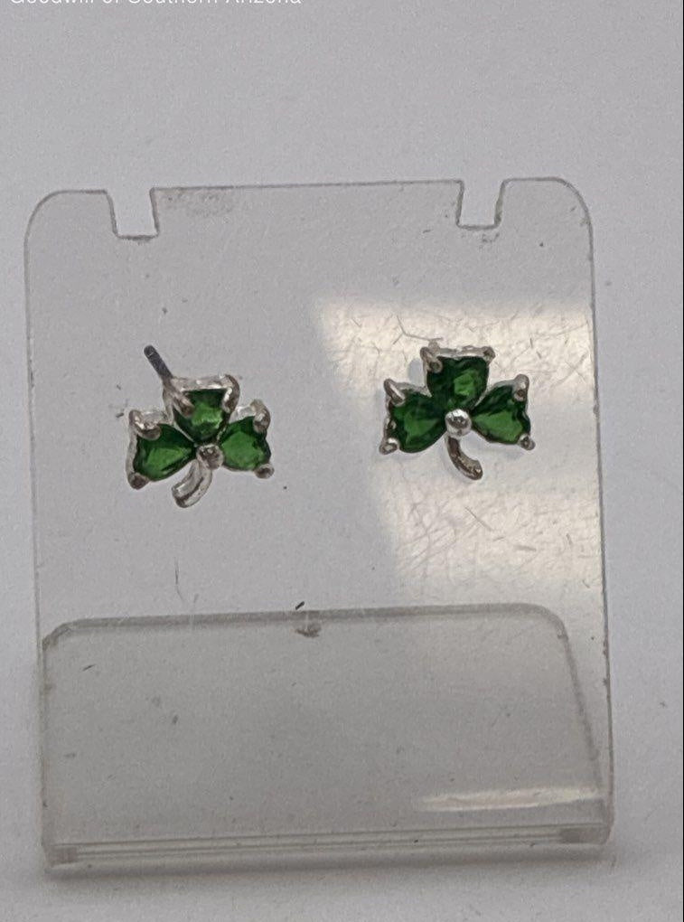 Silver Tone Green CZ Clover Earrings