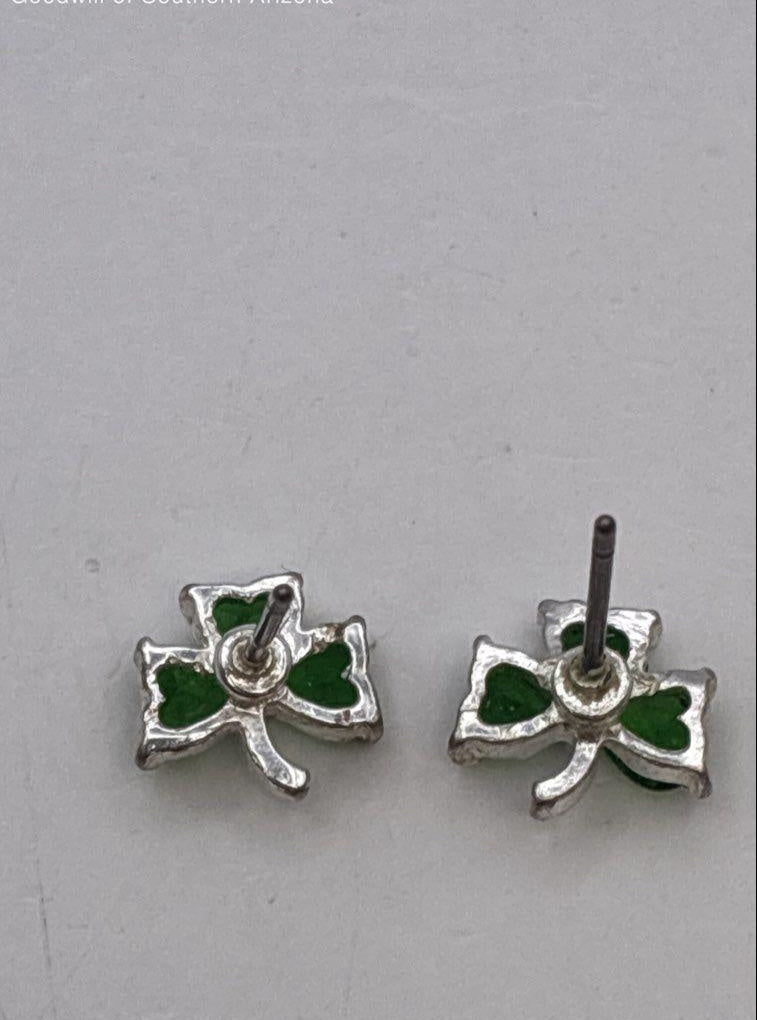 Silver Tone Green CZ Clover Earrings