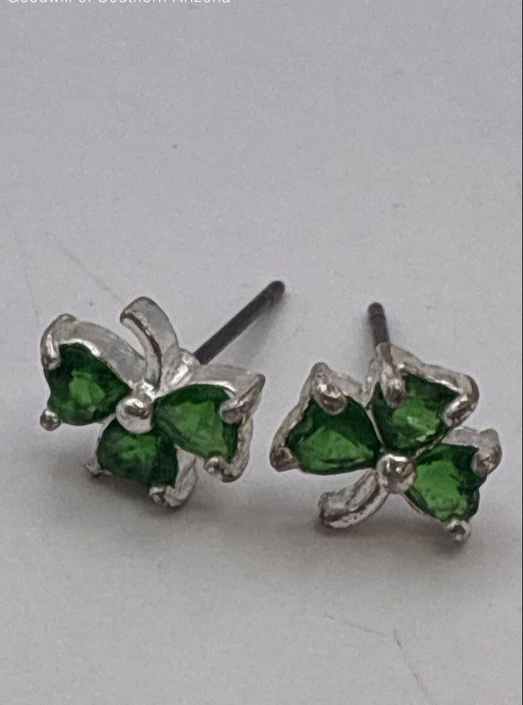 Silver Tone Green CZ Clover Earrings