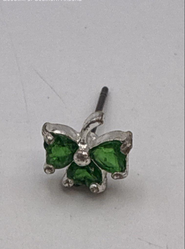 Silver Tone Green CZ Clover Earrings