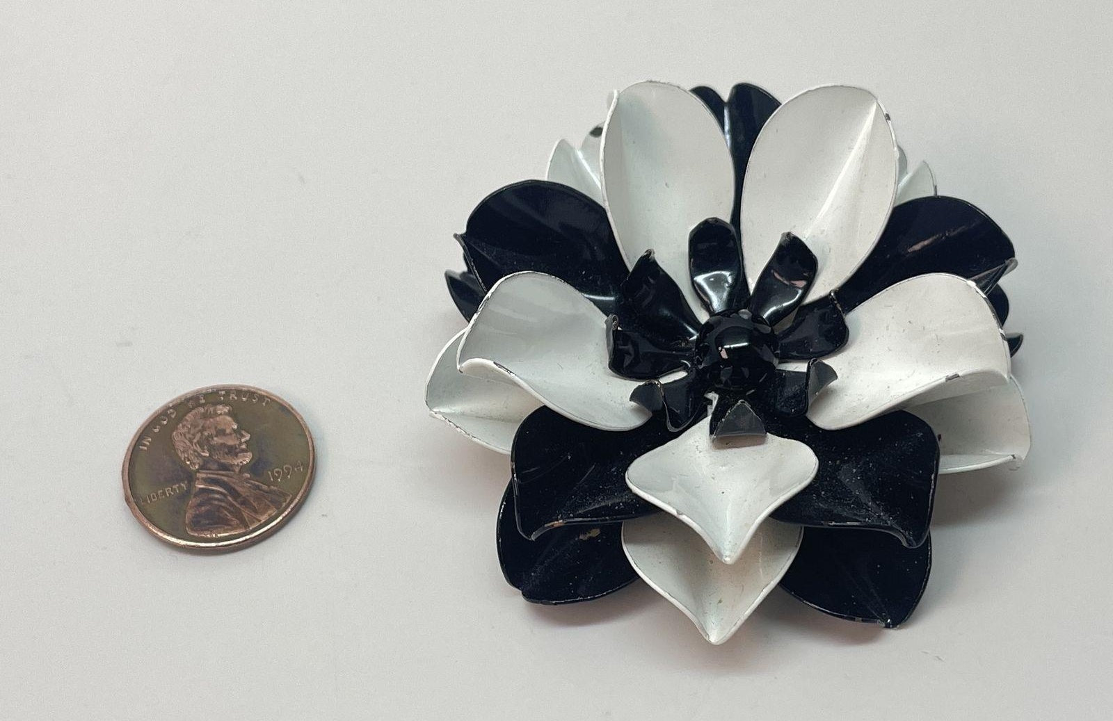 Vintage Black & White Enamel Flower Brooch, Gold Tone Dimensional Floral Statement Pin