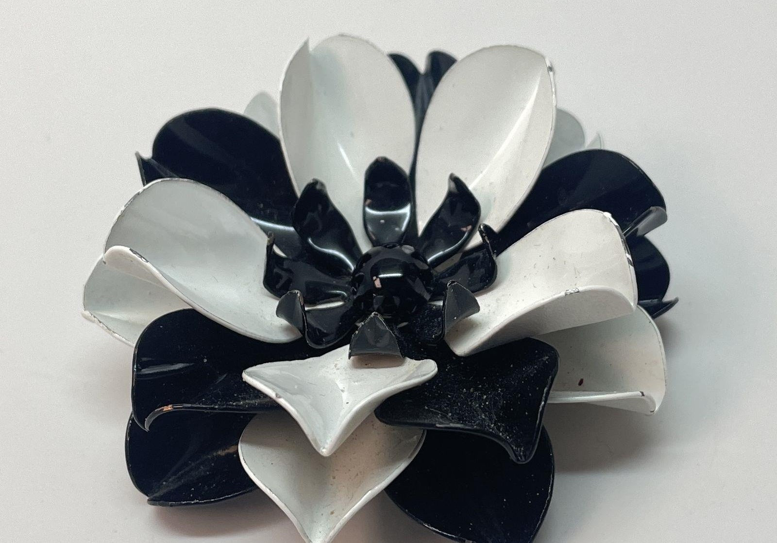 Vintage Black & White Enamel Flower Brooch, Gold Tone Dimensional Floral Statement Pin