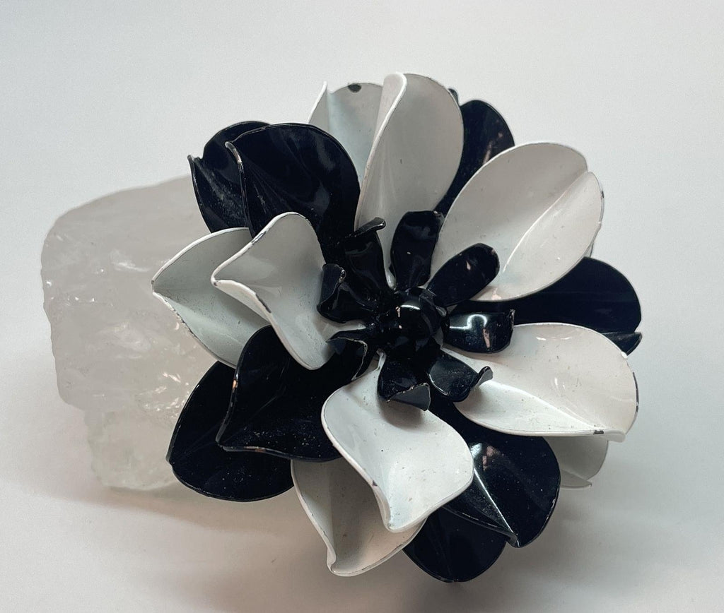 Vintage Black & White Enamel Flower Brooch, Gold Tone Dimensional Floral Statement Pin
