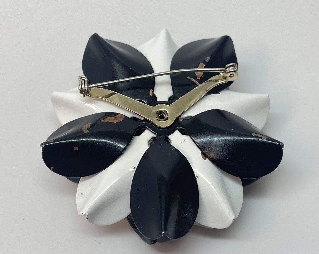 Vintage Black & White Enamel Flower Brooch, Gold Tone Dimensional Floral Statement Pin