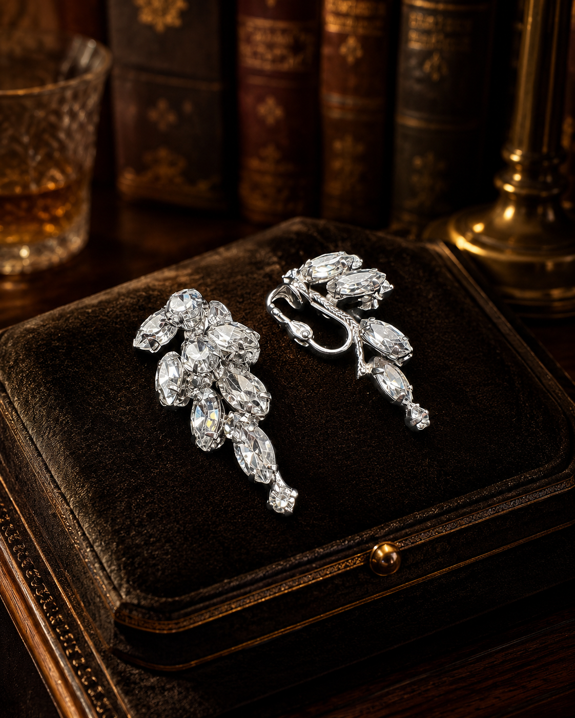 Carnegie Silver Tone Clear Rhinestone Clip Earrings with Cascading Marquis Crystal Design