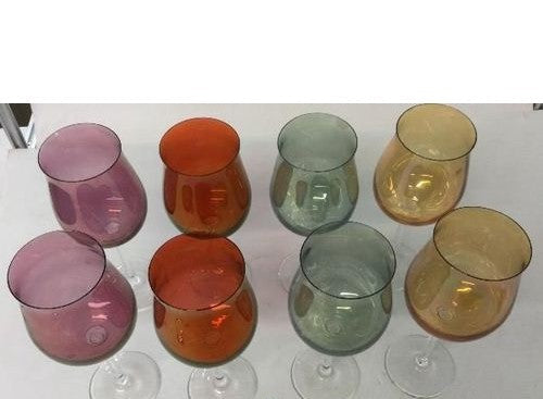 Set of 8 Multi-Color Wine Glasses Clear Stem 8.5 Inch Tall Green Orange Purple Red