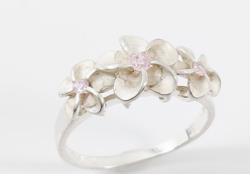 925 Sterling Silver Pink Cubic Zirconia Floral Ring Size 7.75 Flower Cluster Statement Ring