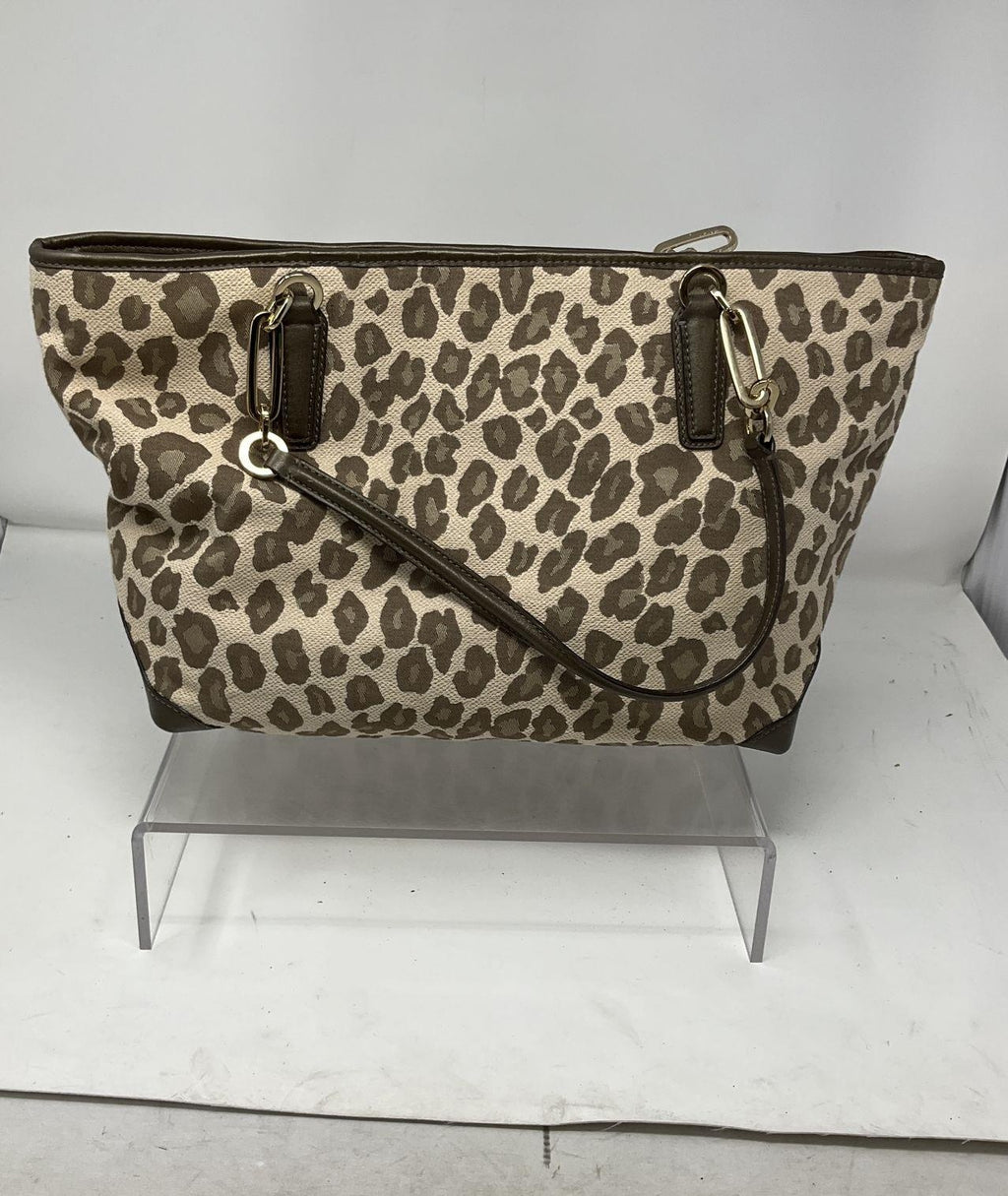 Coach Ocelot Leopard Jacquard Tote Bag Natural Brown Leather Trim Shoulder Shopper