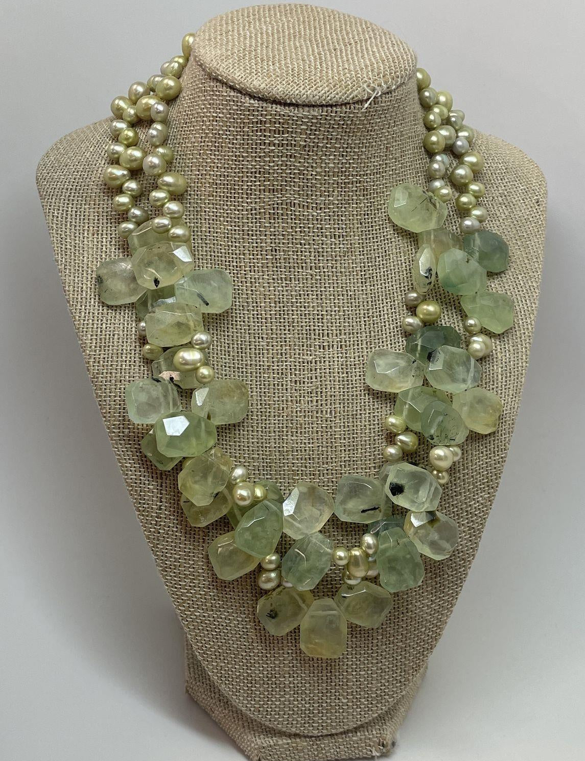 Green Freshwater Pearl & Quartz Double Strand Necklace, Silver Tone Statement Bead Necklace