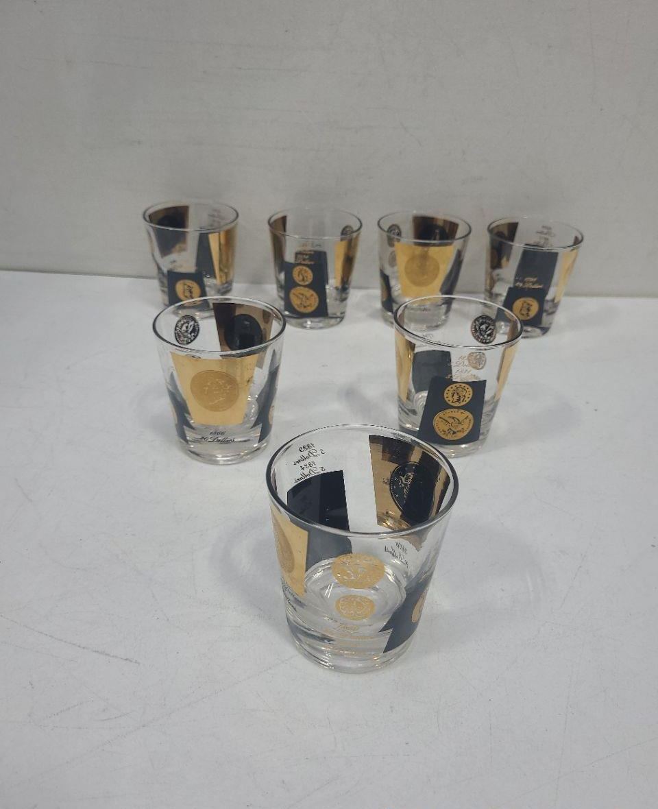 1960s Set of 6 Coin Barware Glasses with Gold & Black Designs