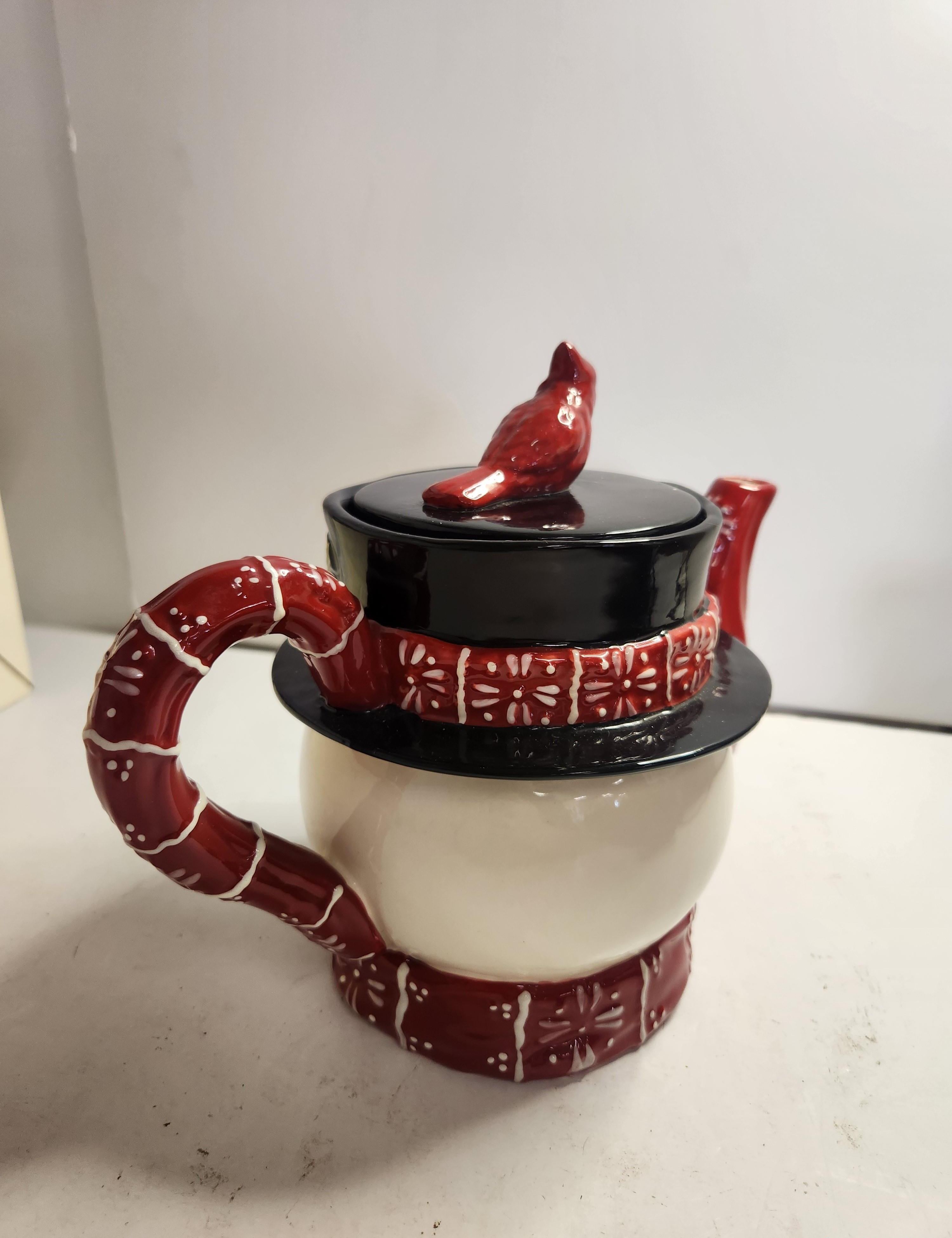 Pacific Rim Handpainted Snowman Teapot with Cardinal Lid | Christmas Winter Ceramic Tea Pot