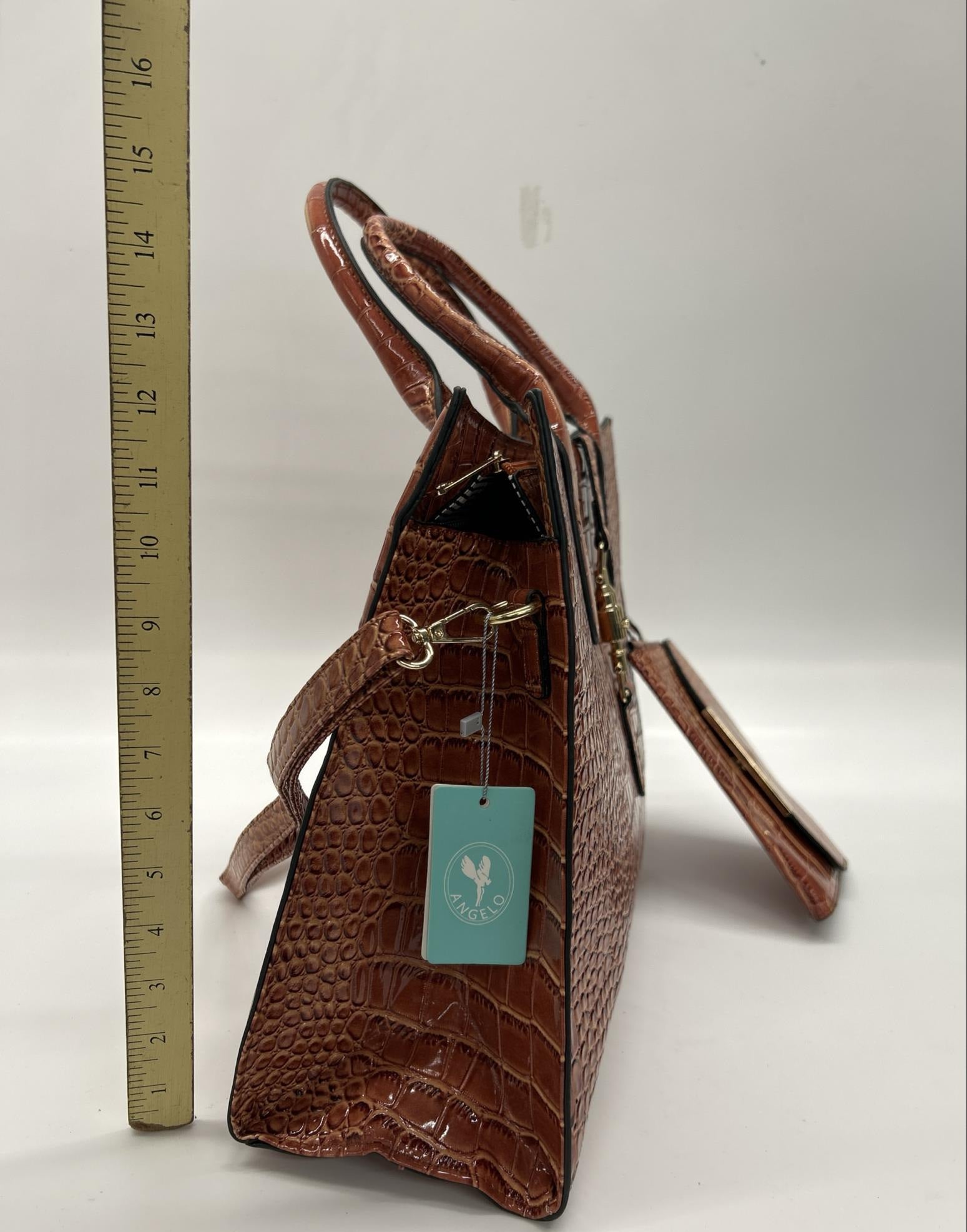 Angelo Brown Croc-Embossed Satchel Handbag with Matching Wristlet & Shoulder Strap | Faux Leather Carryall