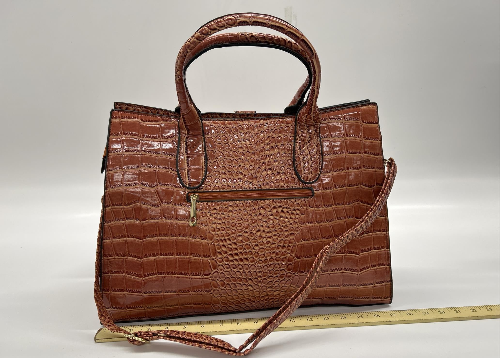 Angelo Brown Croc-Embossed Satchel Handbag with Matching Wristlet & Shoulder Strap | Faux Leather Carryall