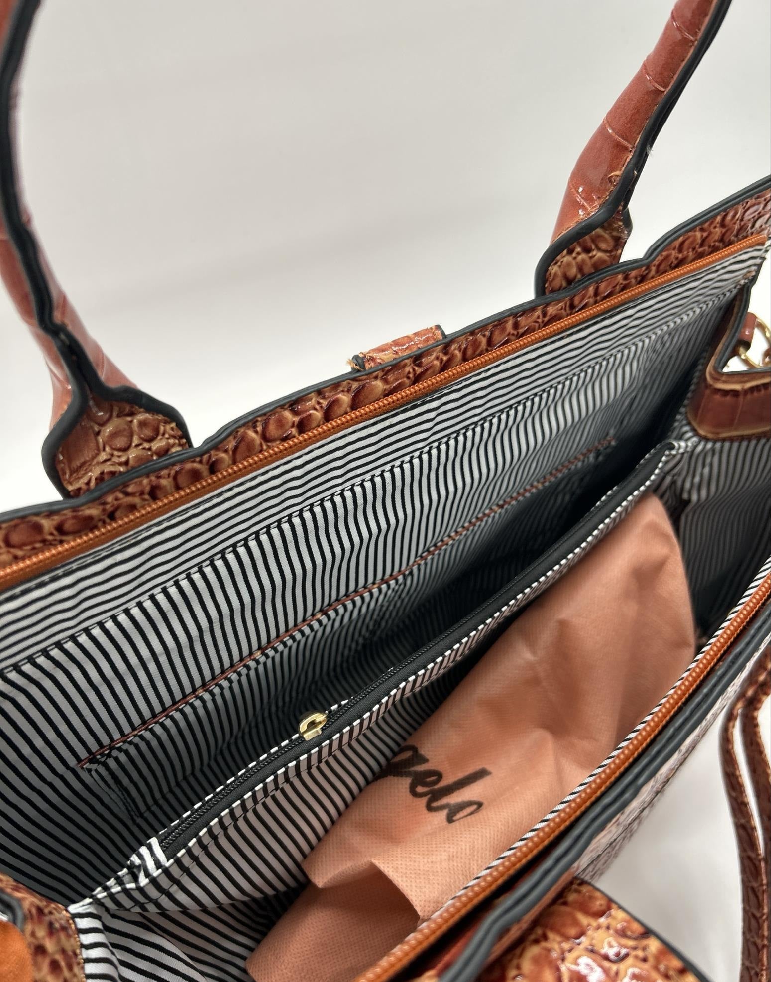 Angelo Brown Croc-Embossed Satchel Handbag with Matching Wristlet & Shoulder Strap | Faux Leather Carryall