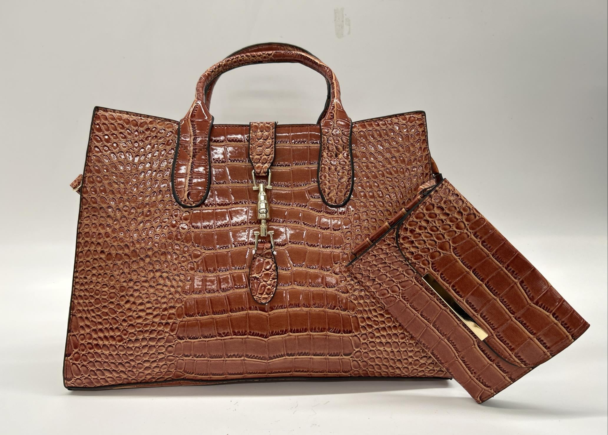 Angelo Brown Croc-Embossed Satchel Handbag with Matching Wristlet & Shoulder Strap | Faux Leather Carryall