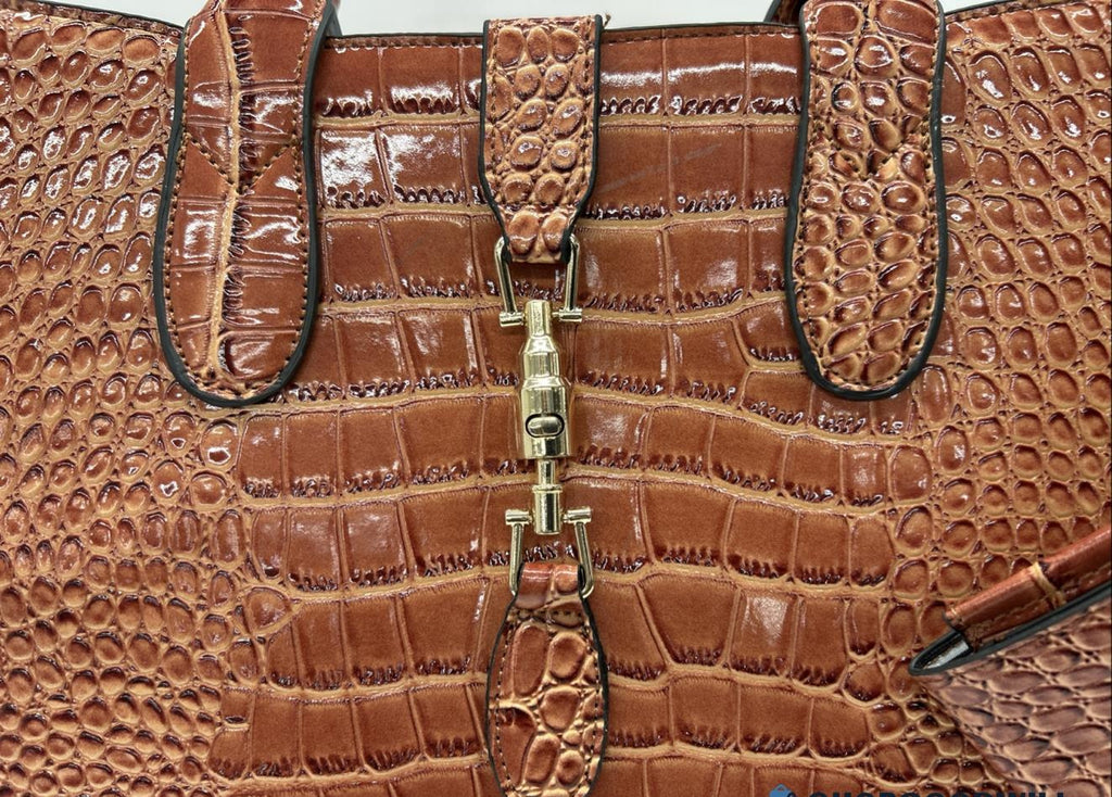 Angelo Brown Croc-Embossed Satchel Handbag with Matching Wristlet & Shoulder Strap | Faux Leather Carryall