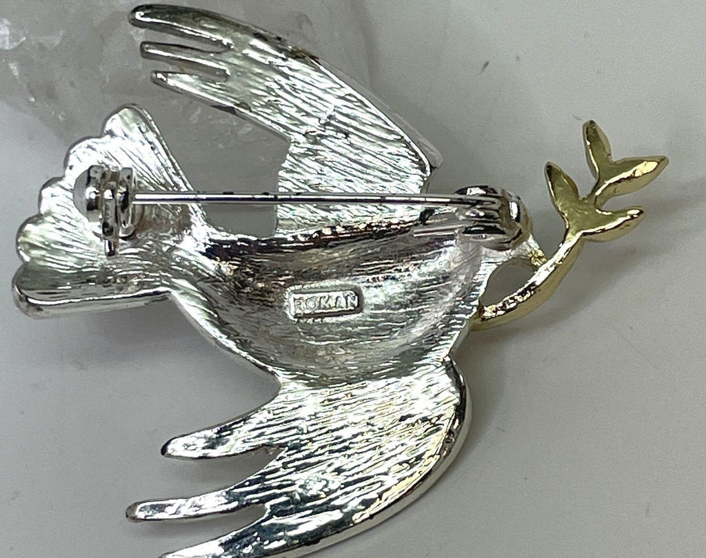 Avon Two Tone Dove Brooch with Olive Branch Rhinestones Gold & Silver Tone Peace Pin