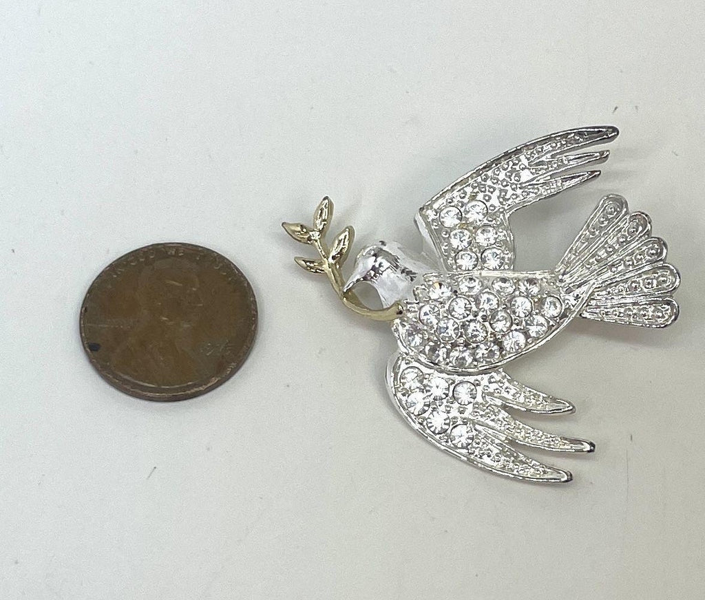 Avon Two Tone Dove Brooch with Olive Branch Rhinestones Gold & Silver Tone Peace Pin
