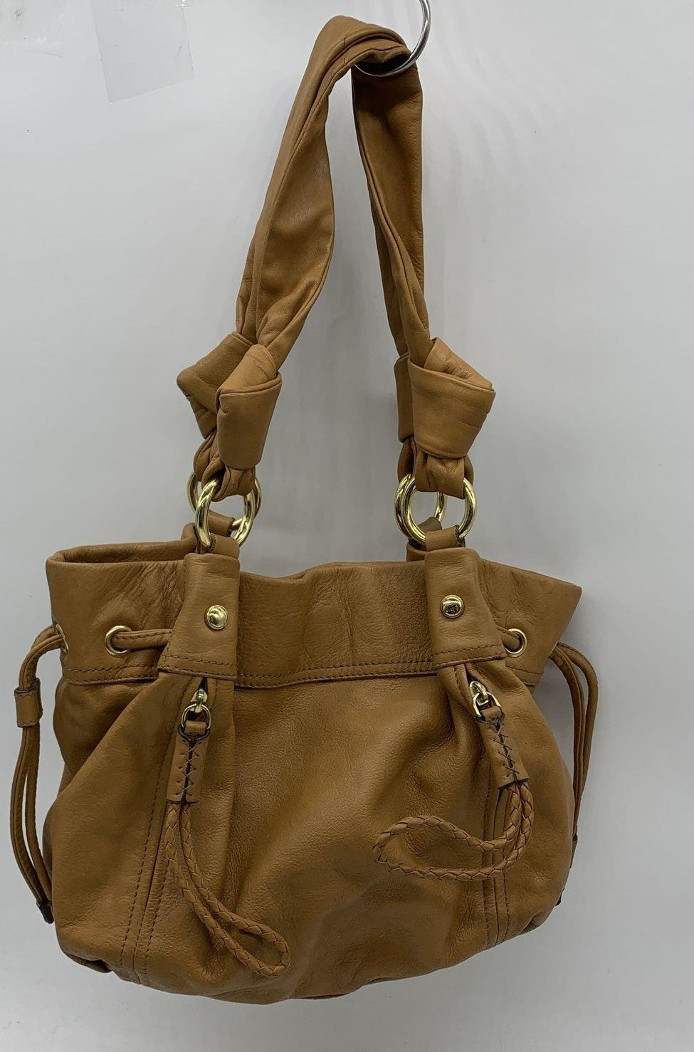 B. Makowsky Tan Leather Hobo Shoulder Bag with Leopard Lining