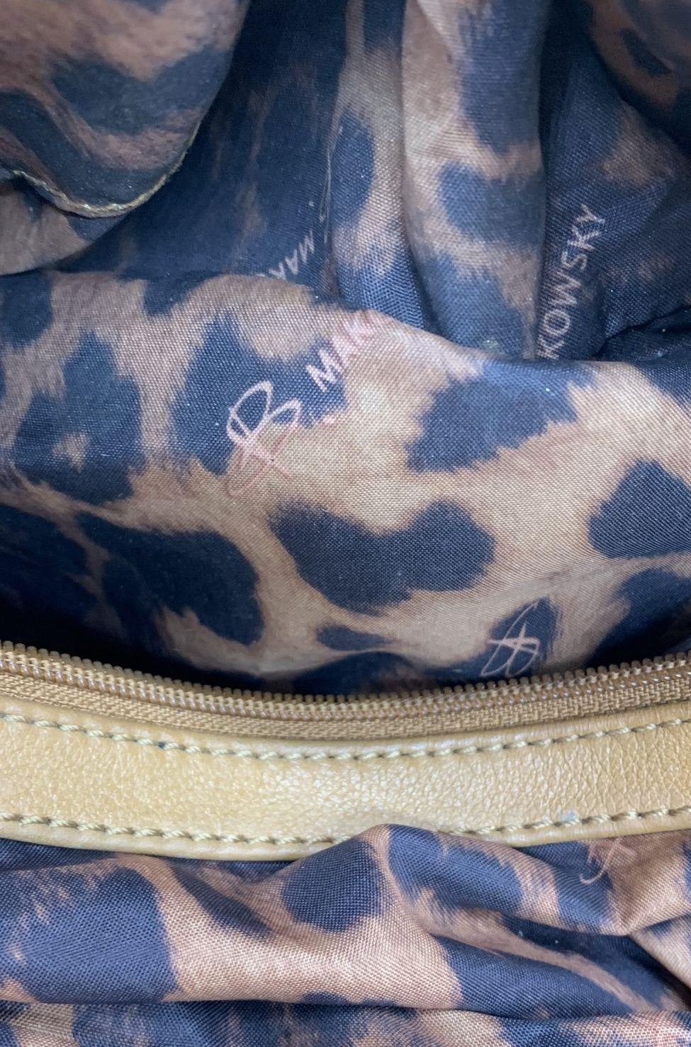 B. Makowsky Tan Leather Hobo Shoulder Bag with Leopard Lining