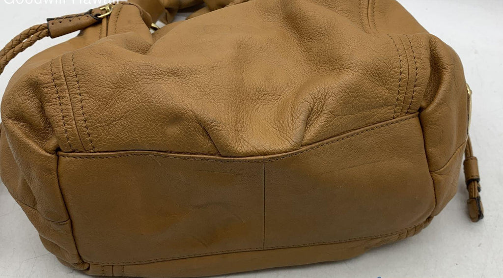 B. Makowsky Tan Leather Hobo Shoulder Bag with Leopard Lining