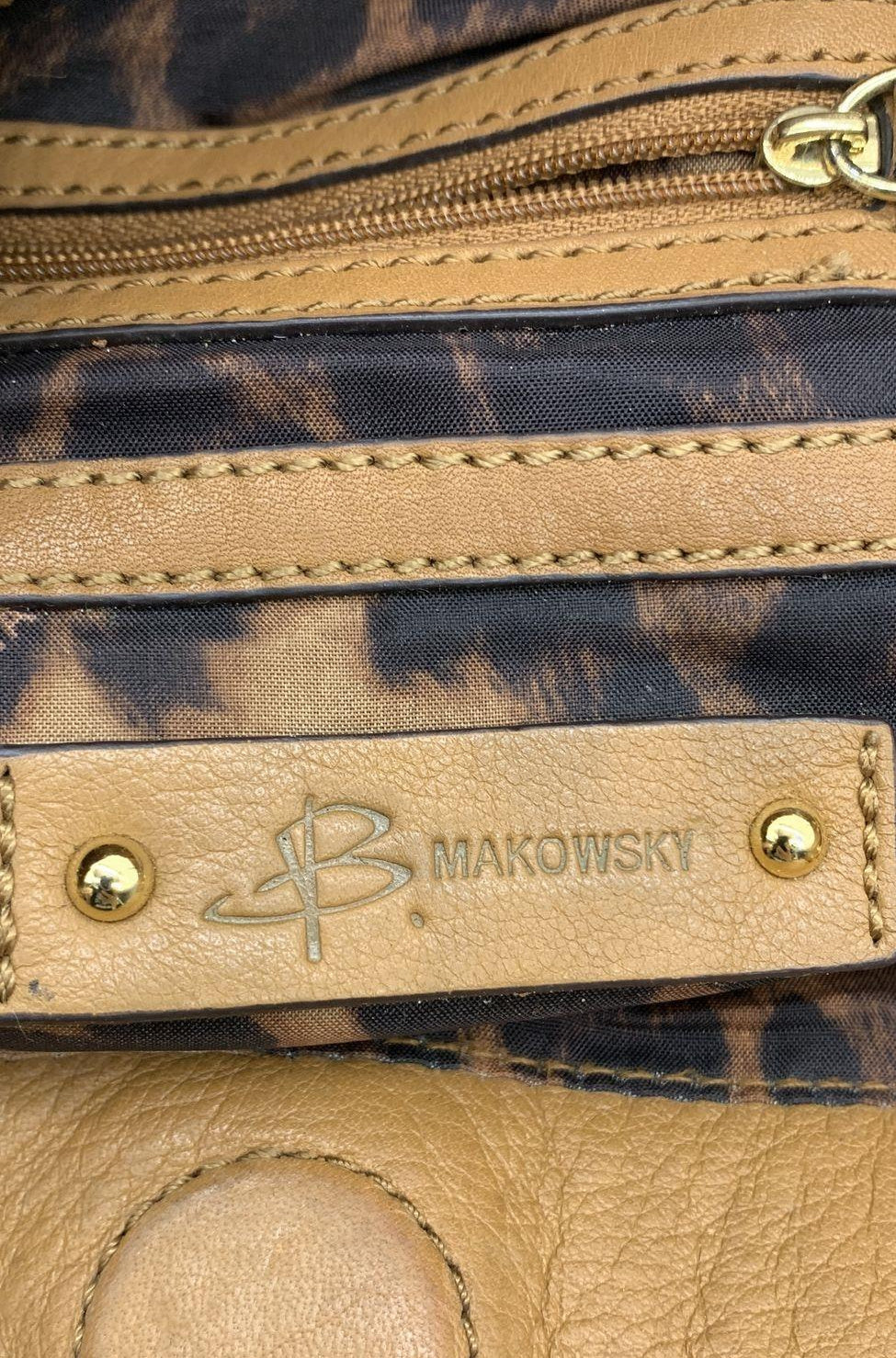B. Makowsky Tan Leather Hobo Shoulder Bag with Leopard Lining