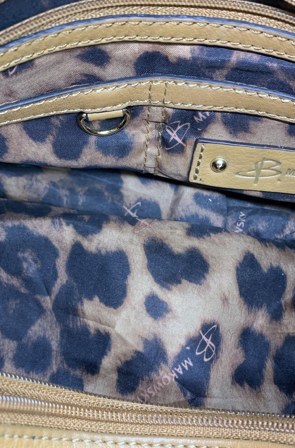B. Makowsky Tan Leather Hobo Shoulder Bag with Leopard Lining