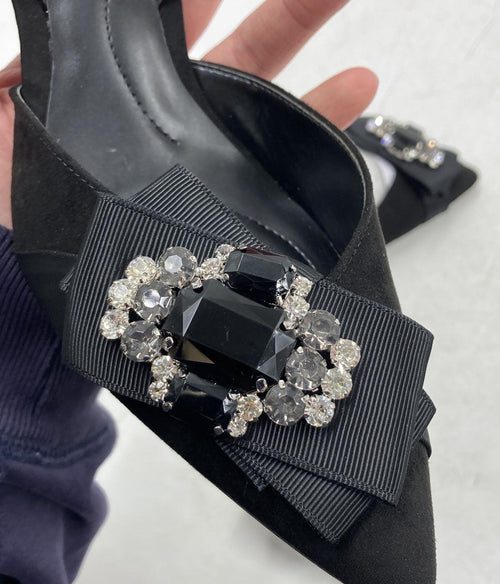 Bandolino Black Slingback Pumps with Beaded Bow Accent, Size 8 Pointed Toe Heels