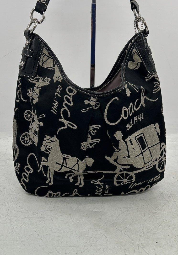 Coach Horse and Carriage Hobo Bag Black Canvas Leather Trim Shoulder Handbag
