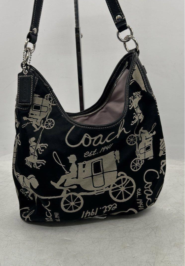 Coach Horse and Carriage Hobo Bag Black Canvas Leather Trim Shoulder Handbag