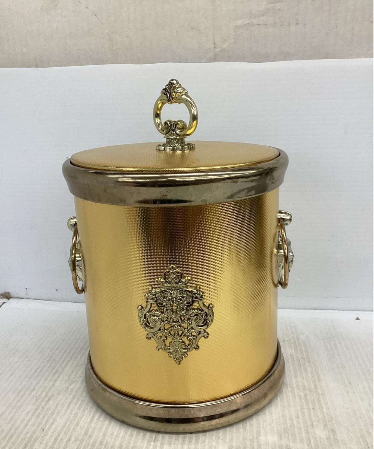 Gold-Tone Ice Bucket with Handle and Decorative Lid