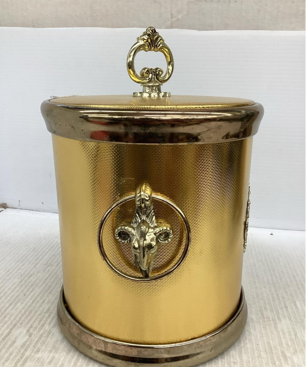 Gold-Tone Ice Bucket with Handle and Decorative Lid