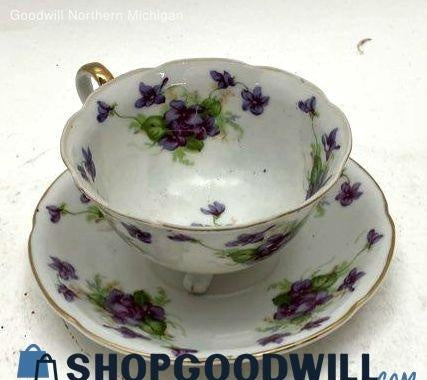 Vintage Lefton China White and Purple Porcelain Footed Tea Cup and Saucer Set