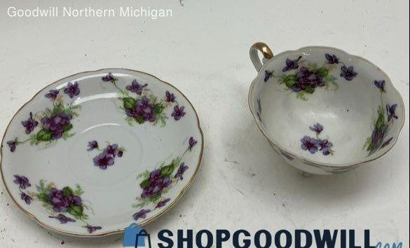 Vintage Lefton China White and Purple Porcelain Footed Tea Cup and Saucer Set