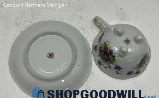 Vintage Lefton China White and Purple Porcelain Footed Tea Cup and Saucer Set