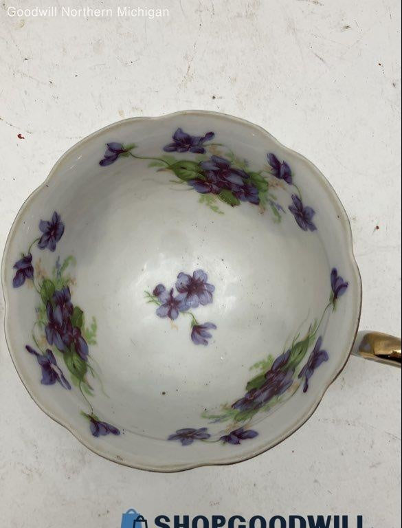 Vintage Lefton China White and Purple Porcelain Footed Tea Cup and Saucer Set